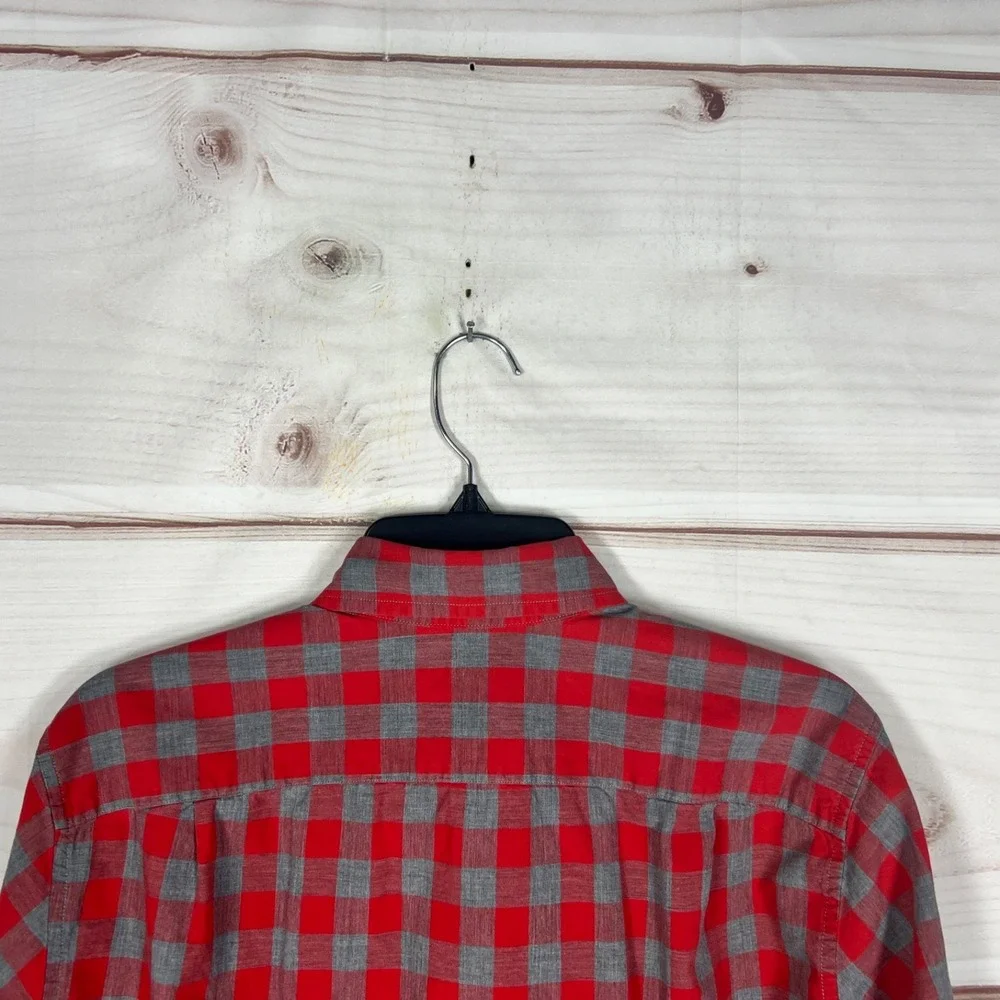 J Crew‎ Shirt Mens Medium Red Gray Check Button Up Cotton Long Sleeve Collared
